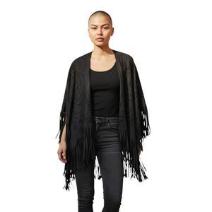 Persun Black Faux Suede Laser Cut Fringe Boho Festival Poncho Cape Shawl M
